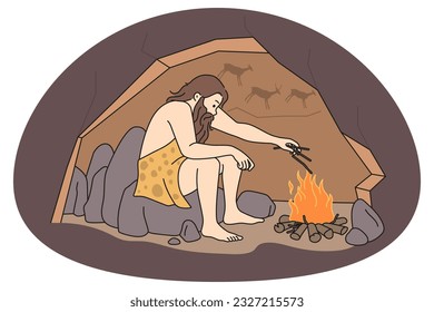 Caballero sentado en una cueva cerca de la hoguera calentando el fuego. Prehistórico masculino haciendo fuego durante la antigüedad. Ilustración vectorial.