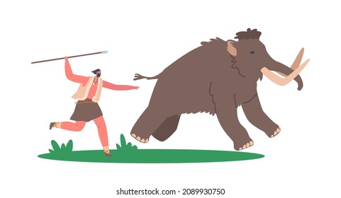 Caveman with Spear Chase Mammoth, Prehistoric Ages Character Hunting. Primitive Neanderthal Person Lifestyle, Man Hunt Wild Animal Isolated on White Background. Cartoon People Vector Illustration