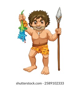 Caveman with spear and feather. Vector illustration on white background