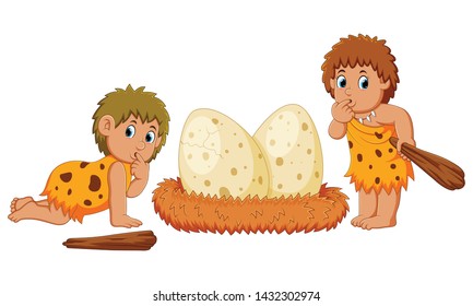 the caveman are standing beside the dinosaur eggs