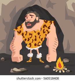 Caveman standing in a front of a cave. Stone age!