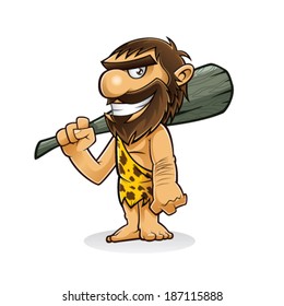 caveman is standing holding a weapon from the trunk of a tree and smiling