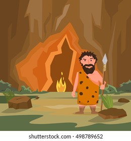 Caveman steht in der Nähe der Höhle