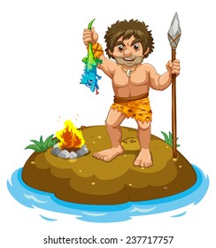 Caveman standing on a small island 