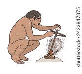 Caveman is starting fire with wooden stick isolated on a white background