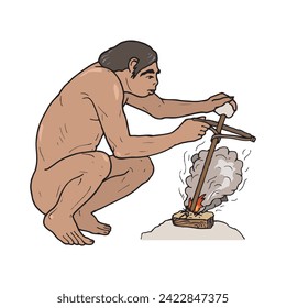 Caveman is starting fire with wooden stick isolated on a white background