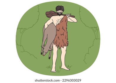 Caveman from stone age in traditional tribe clothing hold prey in hands. Primitive archaic man with cudgel. Tribal times. Flat vector illustration, cartoon character.