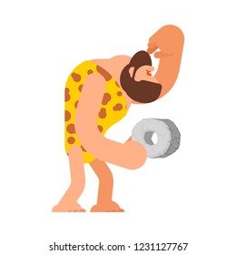 Caveman and Stone wheel. Prehistoric man and thinks.  
