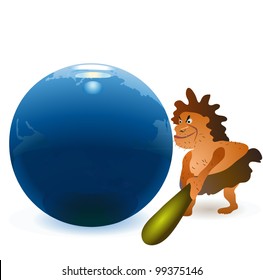 Caveman striking the globe with big cudgel