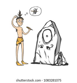 The caveman thinking about invention of the wheel. Nice modern illustration. The Stone Age concept.