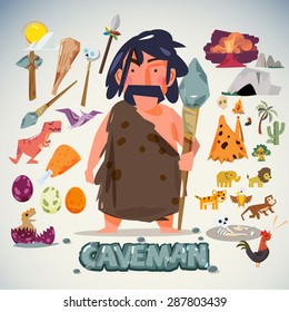 caveman with tool, weapon and element. character design. stone age concept - vector illustration