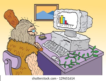 A Caveman Using An Old Outdated Computer.