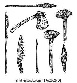 Caveman-Waffenset. Stone ax, Speer, Knochenmesser. Design-Element für Poster, Karte, Banner, Zeichen. Vektorgrafik