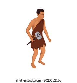Caveman Wearing Animal Skin Holding Axe In Hand Isometric Vector Illustration
