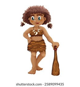 Caveman with a wooden stick and a spear on a white background