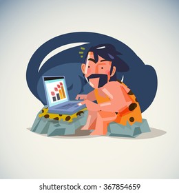 caveman working with laptop on the rock - vector illustration