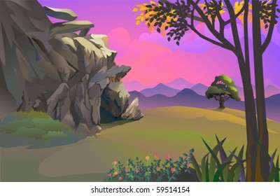 Caveman's rocky cave and beautiful hillside landscape