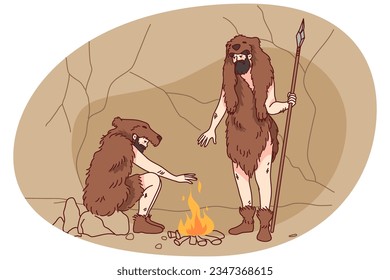 Cavemen in animal fur clothes setting fire outside. Tribal men making bonfire during ancient ages outdoors. Flat vector illustration.