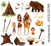 Cavemen decorative icons set with hut weapon for hunting mammoth bonfire cartoon signs isolated vector illustration      