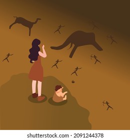 Cavemen drawing on cave wall isometric 3d vector concept for banner, website, illustration, landing page, flyer, etc.