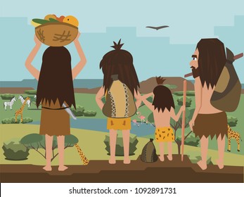 cavemen family wanders at Africa, funny cartoon illustrationof primitive people travelling at savanna