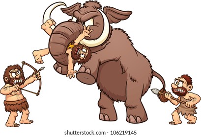 Cavemen fighting a mammoth. Vector illustration with simple gradients. Each element in a separate layer for easy editing.