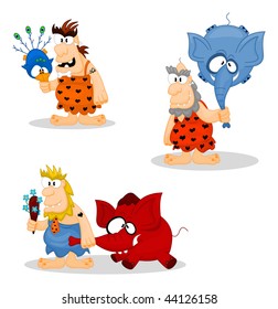 Cavemen with gifts isolated on white