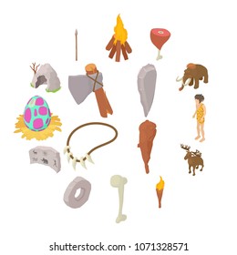 cavemen human icons set. Isometric illustration of 16 caveman vector icons for web