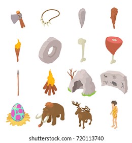 cavemen human icons set. Isometric illustration of 16 caveman vector icons for web
