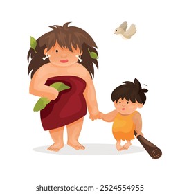 Cavemen isolated on a white background. Mother and child in clothes made of animal skins. Neanderthals with a club. Vector illustration in cartoon funny style
