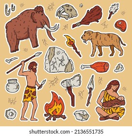 Cavemen y neandertales en la Edad de Piedra, pegatinas de doodles vectoriales. Personas primitivas de la antigüedad cazan mamut y tigres. Herramientas y pinturas rupestres. Iconos de dibujos animados marrones de paleontología y antropología.