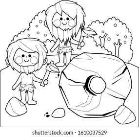 Cavemen people inventing the wheel. Vector black and white coloring page.