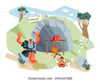 Cavemen preparing food on fire in Stone Age. Prehistoric ancient history vector illustration. Old man with small child near meat on stick. Savage people outdoor in summer.