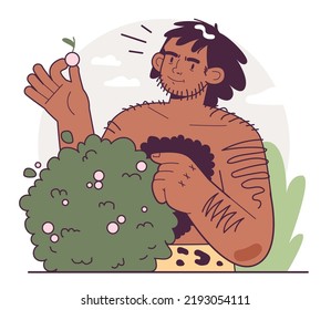 Cavemen, primitive people gathering fruits and vegetables. Human evolution theory. Humanity ancestors, anthropology stydying concept. Flat vector illustration