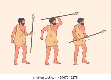 Cavemen in skin of predator use spears instead of clothes to hunt mammoth and drive beast into trap. Cavemen neanderthals and australopithecus from stone age with primitive weapons for getting food 
