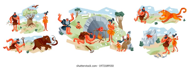 Cavemen in Stone Age set. Prehistoric ancient history vector illustration. People hunting, cooking food on fire, family with primitive tools. Savage hunters with animals in nature.