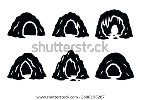 Caves icon set. Vector black symbols of mountains and natural shelters glyph illustrations