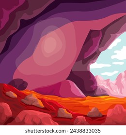 Paisaje de cuevas. Cueva de la tumba vacía de Jesús dentro del fondo de dibujos animados, entrada de la guarida de la caverna al bosque de montaña exterior, ilustración vectorial de la mina del juego de concepto del domingo de Pascua de la resurrección