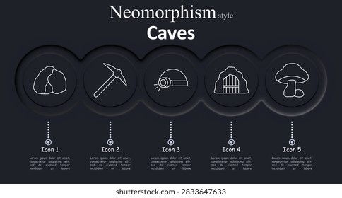 Caves set icon. Stone forms rough rock. Tool holds pick axe. Light beams head lamp. Gate closes cave door. Fungus grows mushroom cap.