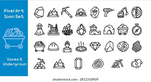 Caves And Underground Mining Pixel Art Vector Icon Set For Rocky Excavation Gemstone Crystals Coal Extraction Miner Equipment And Subterranean Geology Design
