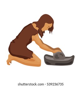 Cavewoman with grindstone icon in cartoon style isolated on white background. Stone age symbol stock vector illustration.