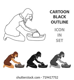 Cavewoman with grindstone icon in cartoon style isolated on white background. Stone age symbol stock vector illustration.