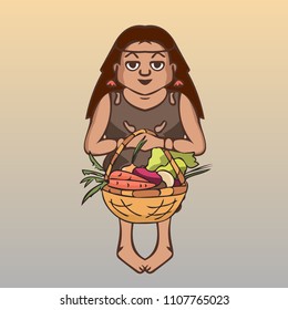 cavewoman with vegetables basket, funny vector illustration of historical character