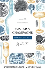 Caviar and champagne artistic frame design. Hand drawn menu  template with red caviar canape, canned black caviar, sparkling wine bottle, glasses sketches. Seafood background in color