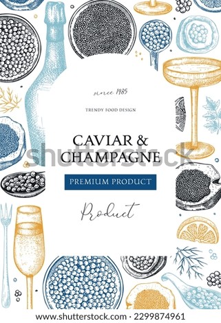 Caviar and champagne artistic frame design. Hand drawn menu  template with red caviar canape, canned black caviar, sparkling wine bottle, glasses sketches. Seafood background in color