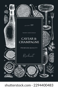 Caviar and champagne frame design on chalkboard. Hand drawn red caviar canape, canned black caviar, sparkling wine bottle, glasses sketches. Seafood vector background for prints, banners, menus