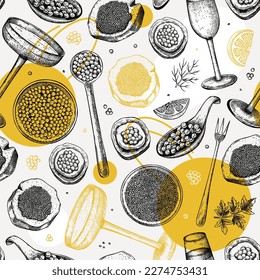 Caviar and champagne glasses seamless pattern. Hand-drawn red caviar canape, canned black caviar, sparkling wine bottle, glasses sketches. Seafood background for restaurant menu and finger food party