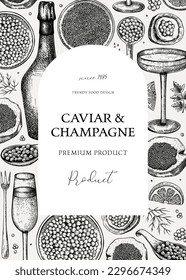 Caviar and champagne hand drawn illustration. Hand drawn frame design with red caviar canape, canned black caviar, sparkling wine bottle, glasses sketches. Seafood vintage background