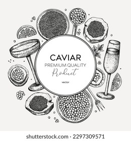 Caviar and champagne hand-drawn illustration. Vintage wreath with red caviar canape, canned black caviar, sparkling wine glasses sketches. Seafood background in retro style