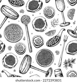 Caviar and champagne seamless pattern. Hand-drawn red caviar canape, canned black caviar, sparkling wine bottle, glasses sketches in engraved style. Seafood vector background for restaurant menu